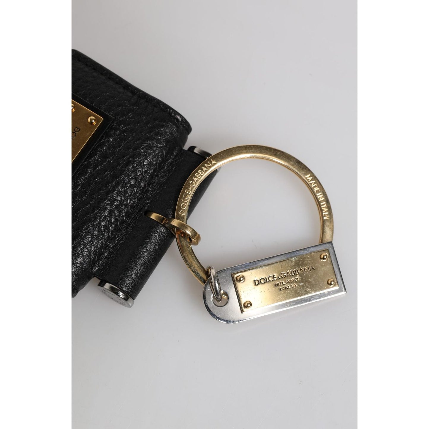 Dolce & Gabbana Black Leather Strap Gold Metal Logo Plaque Airpods Case SMY10693