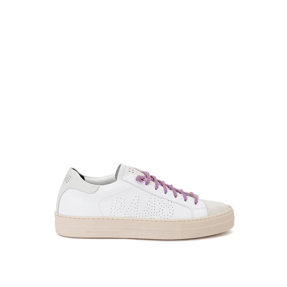 P448 white leather sneaker with fuchsia lurex laces, ivory suede toe, perforated logo, and rubber outsole. Stylish and trendy footwear.