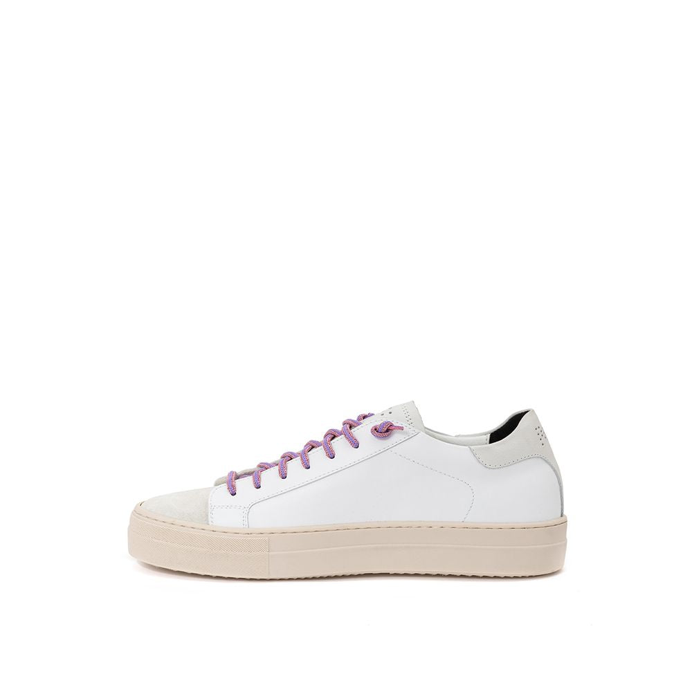 P448 White Leather Sneaker with Fuchsia Laces, Ivory Suede Toe, and Perforated Logo on Side and Back, Rubber Outsole, 3cm Height