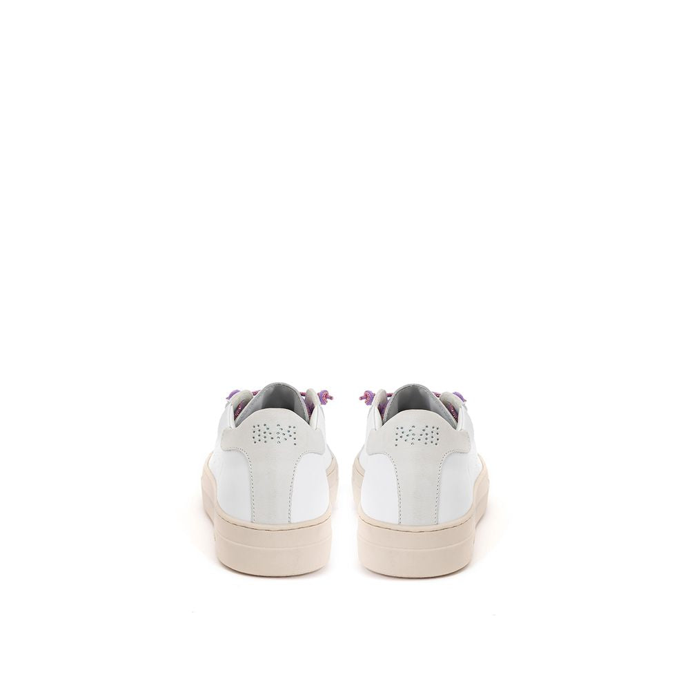 Back view of P448 white leather sneakers with perforated logo, fuchsia lurex laces, ivory suede, and rubber outsole.