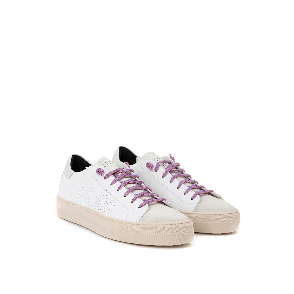 P448 white leather Thea sneakers with fuchsia lurex laces, ivory suede toe, perforated logo, and rubber outsole.