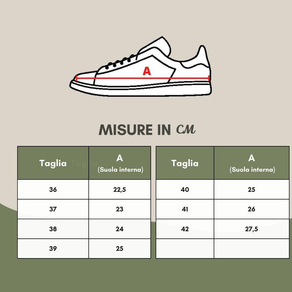 Shoe size chart for P448 sneakers with measurements in cm, including sizes 36 to 42. Diagram of sneaker with labeled sections.