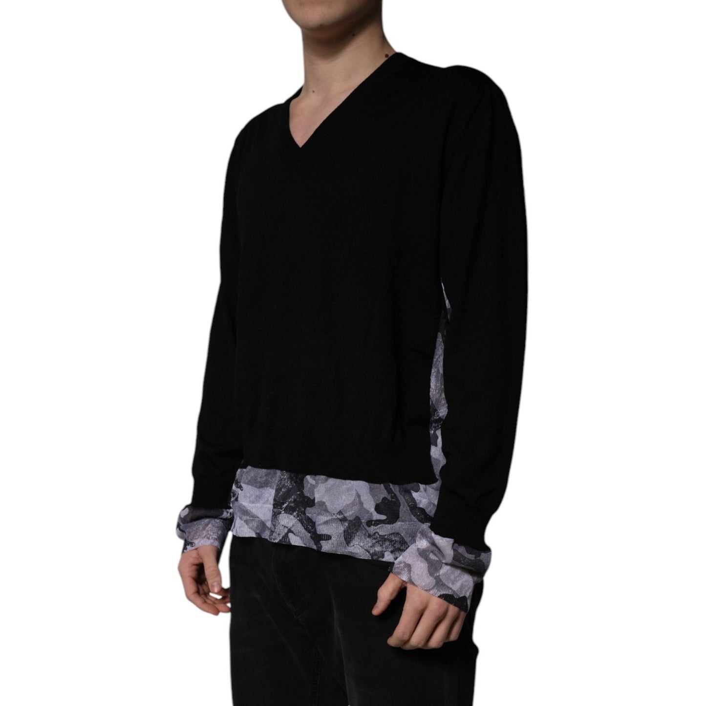 Dolce & Gabbana Black Camouflage V-neck Pullover Sweater TSH84603-54
