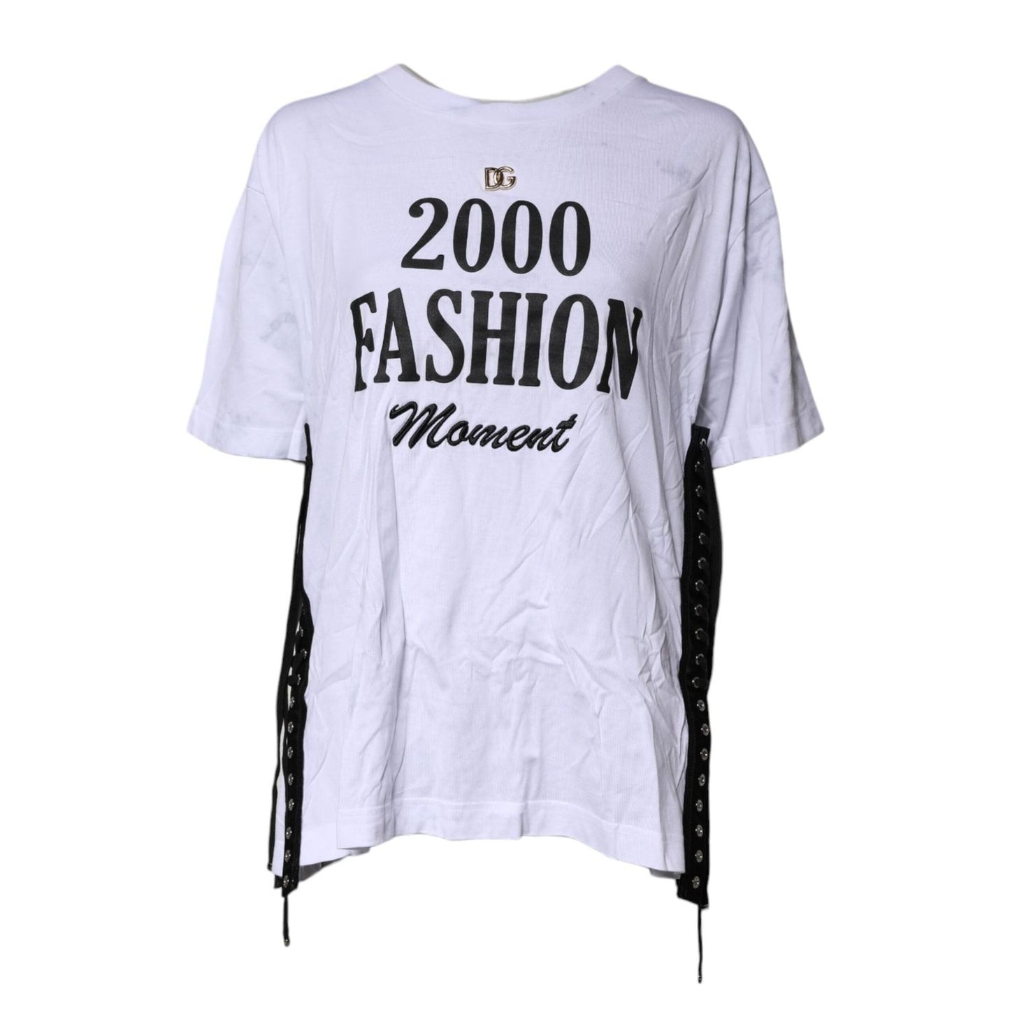 Dolce & Gabbana White Print Lace-Up Cotton Crew Neck T-shirt TSH86867-38