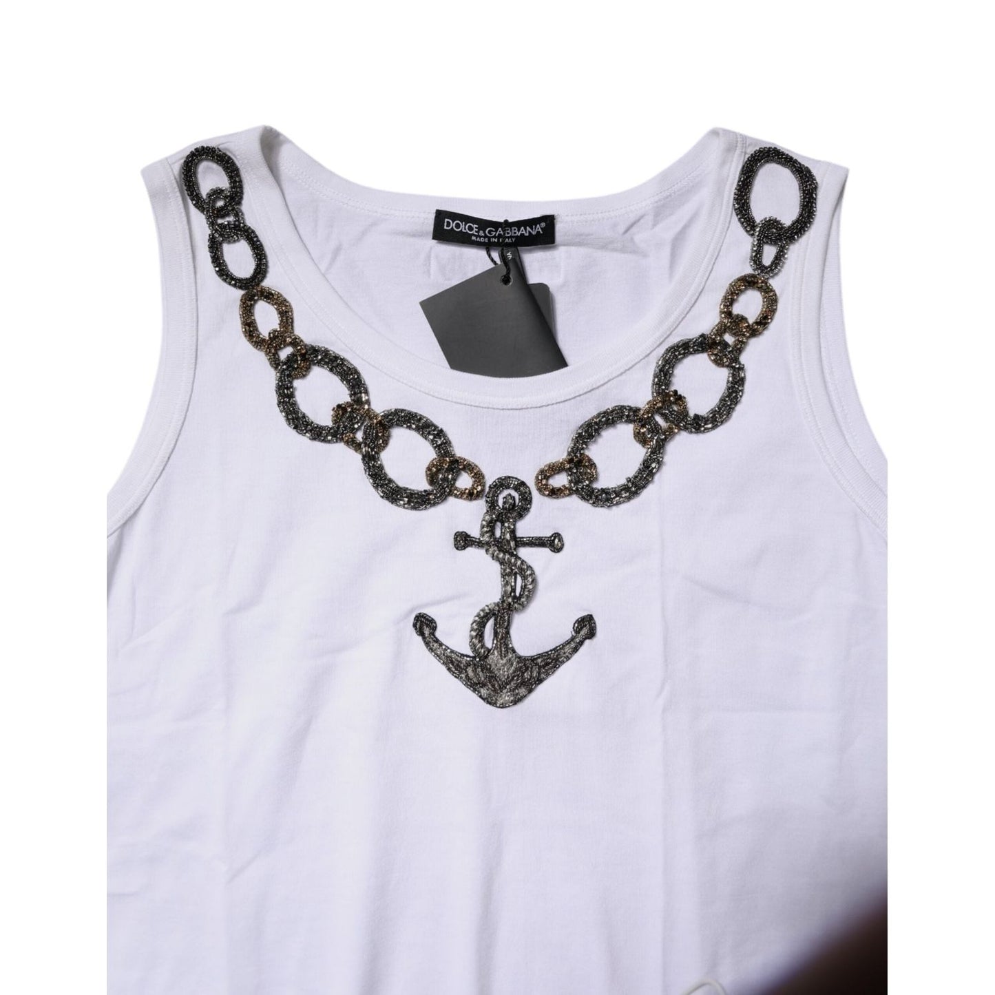 Dolce & Gabbana White Cotton Anchor Chain Embroidery Tank Top TSH87169-40