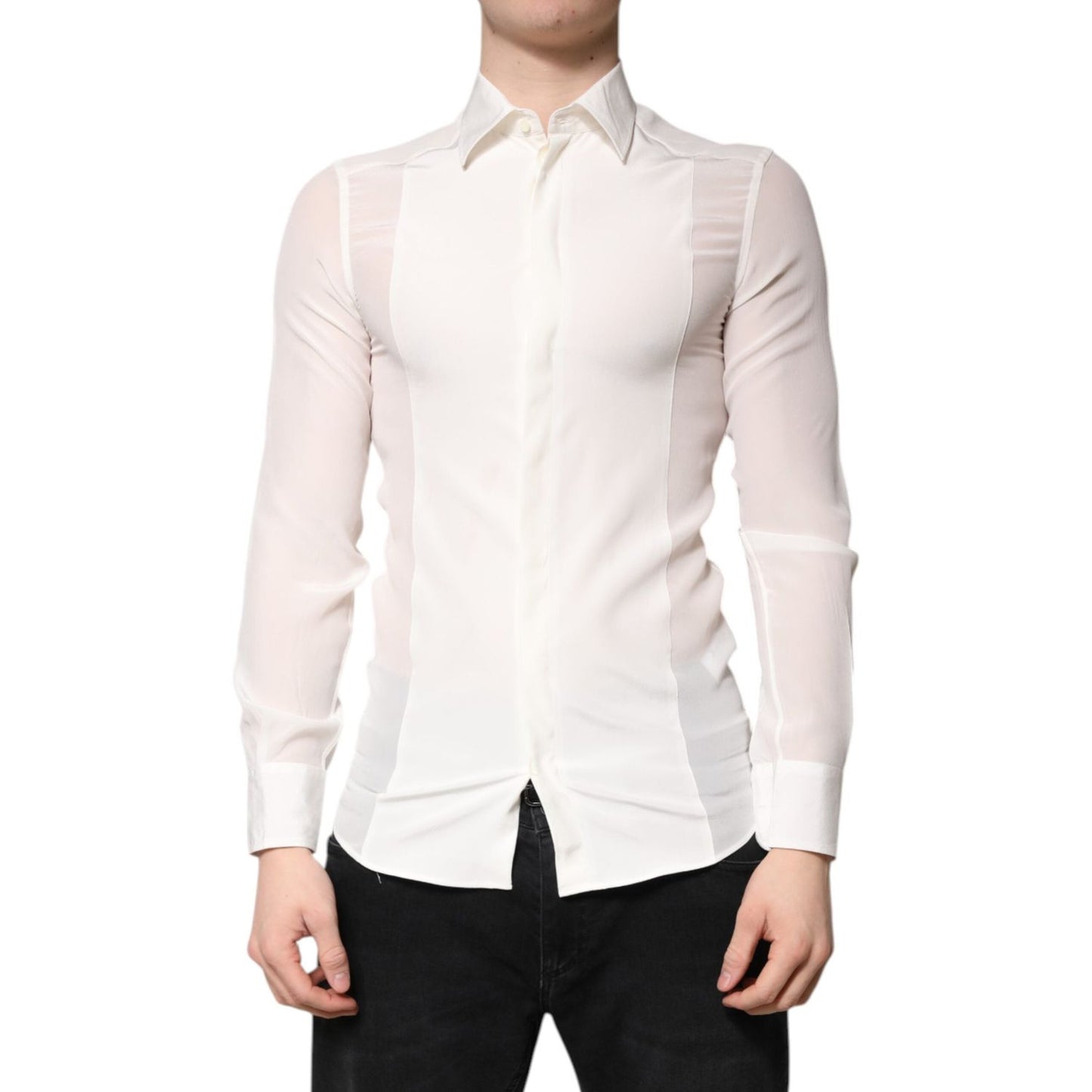 Dolce & Gabbana White Silk GOLD Dress Formal Collared Shirt TSH878640-38