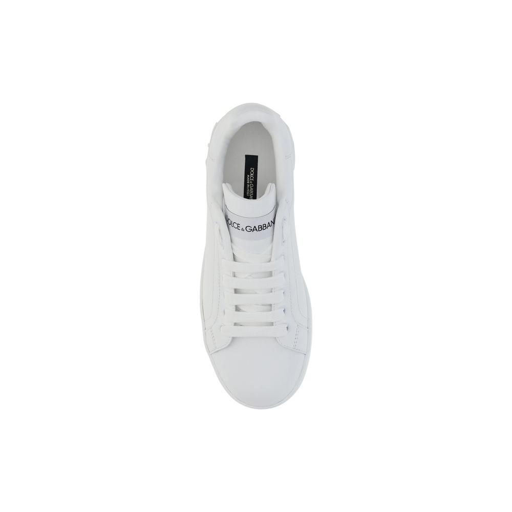 Top view of Dolce & Gabbana white leather sneakers with lace-up front and logoed insole, featuring a stylish and elegant design.