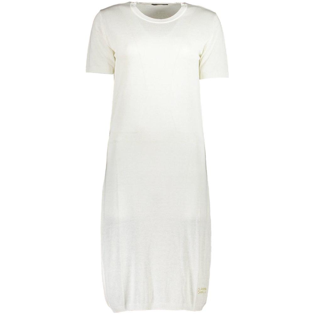 Cavalli Class White Viscose Women DressIndulge in the chic elegance of Cavalli Class with this stunning white short dress. Perfectly tailored to exude sophistication, the dress features short sleeves and a round neckline, accented with exquisite embroider
