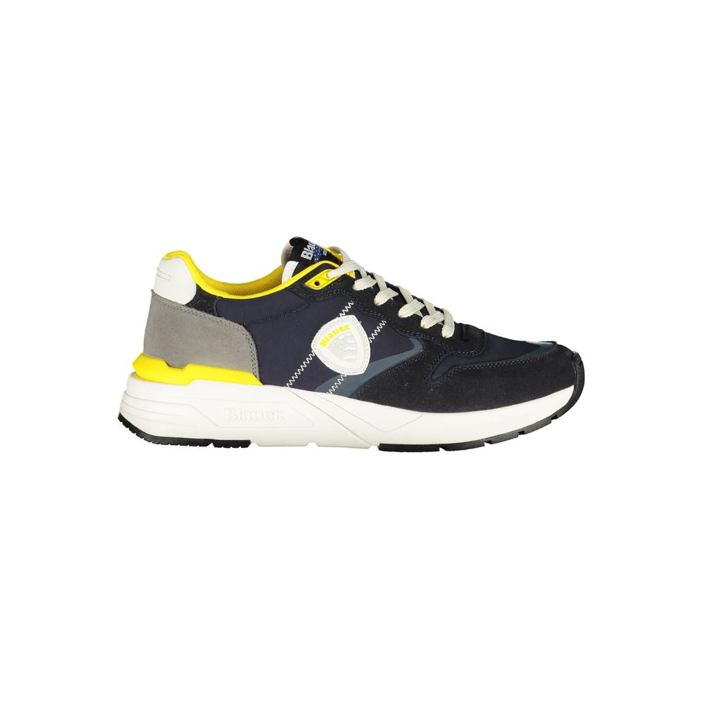 Blauer blue men's sneaker with yellow accents and logo, crafted from 50% polyester, blending fashion and athleticism.