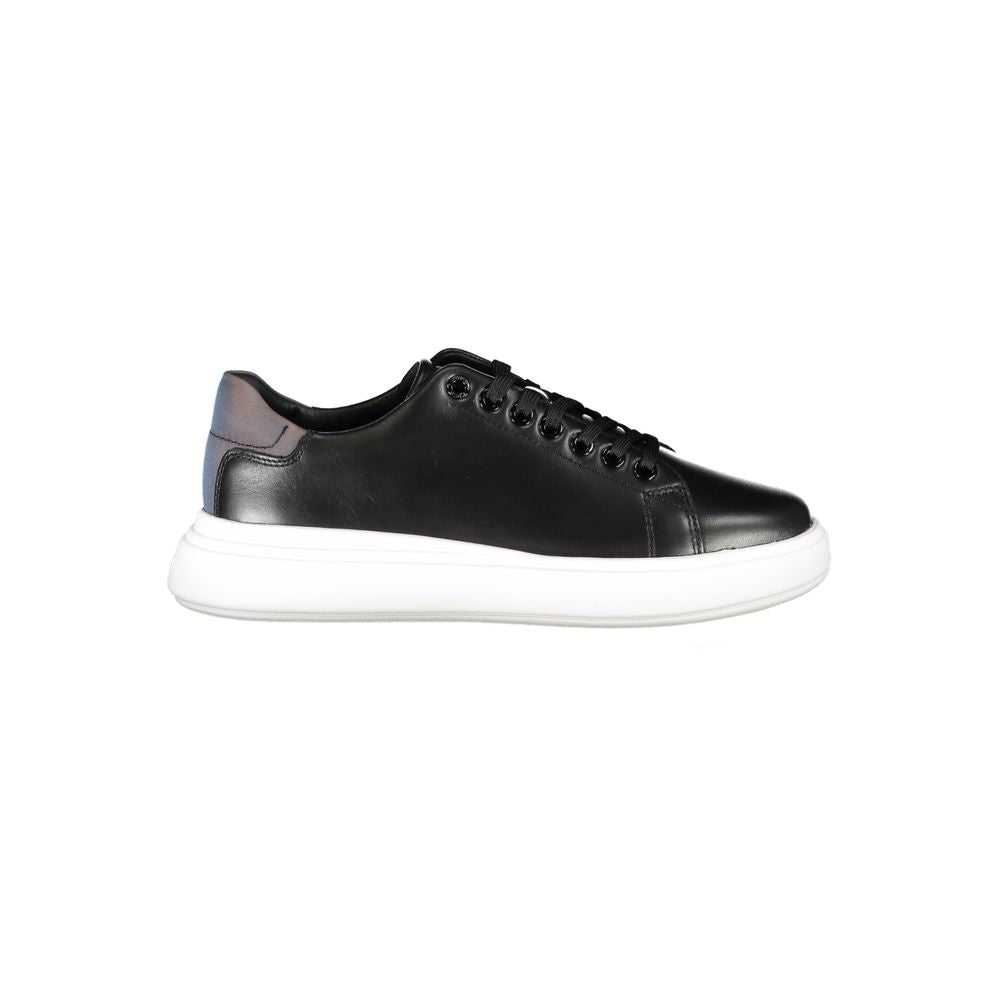 Calvin Klein Chic contrasting lace-up sneakers in black with white sole, featuring sustainable recycled leather and eco-friendly design.