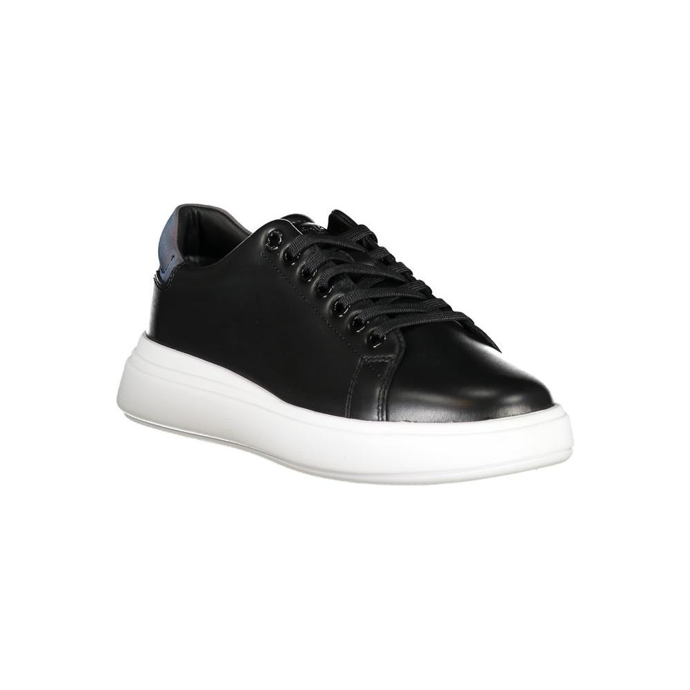 Calvin Klein Chic black lace-up sneakers with contrasting white sole, featuring eco-friendly design using recycled leather.