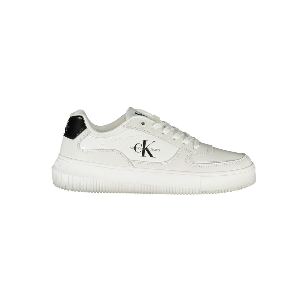 Calvin Klein sleek white lace-up sneakers with contrast details and branded accents, featuring eco-friendly materials.