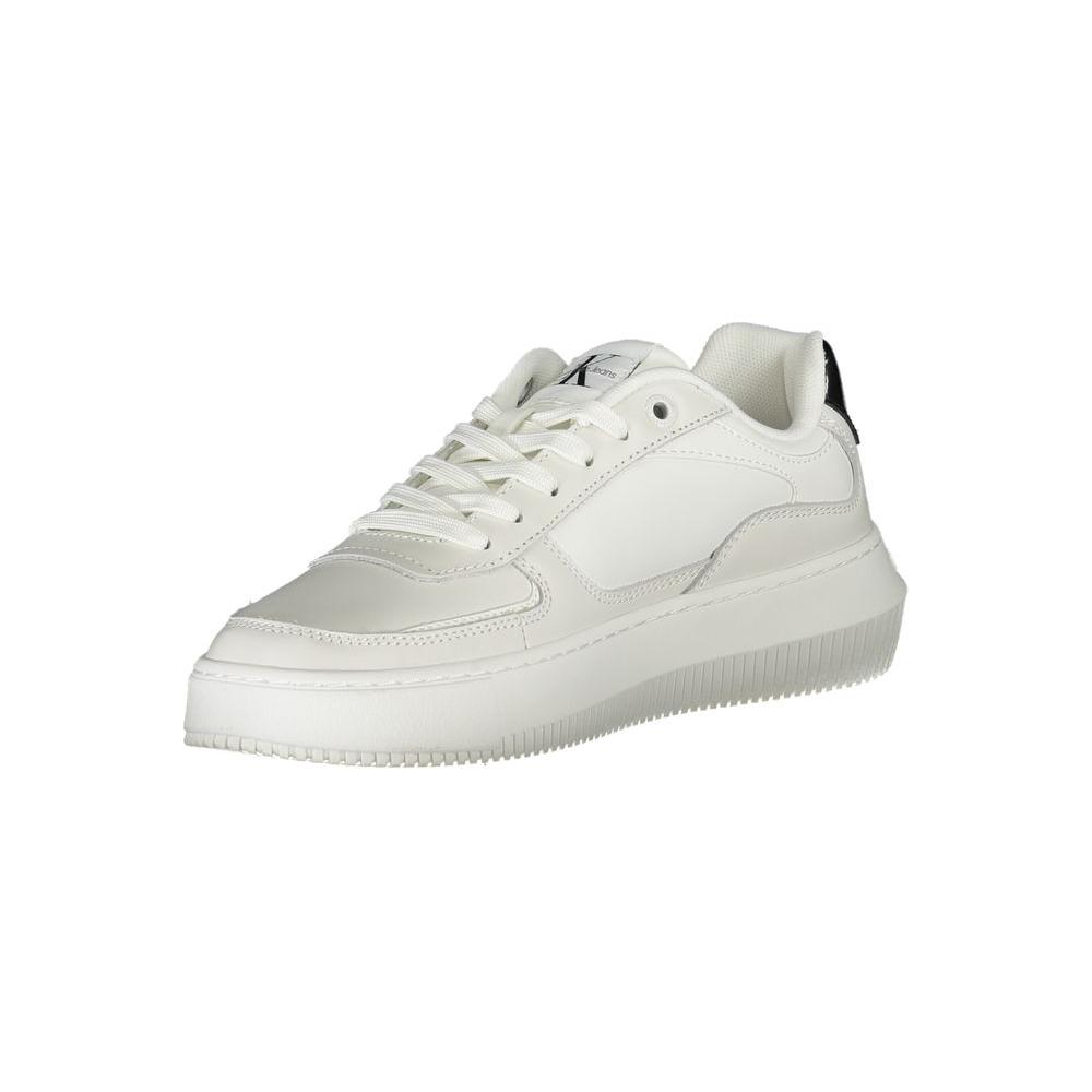 Calvin Klein sleek white lace-up sneakers with contrast details, featuring sustainable materials and branded accents.