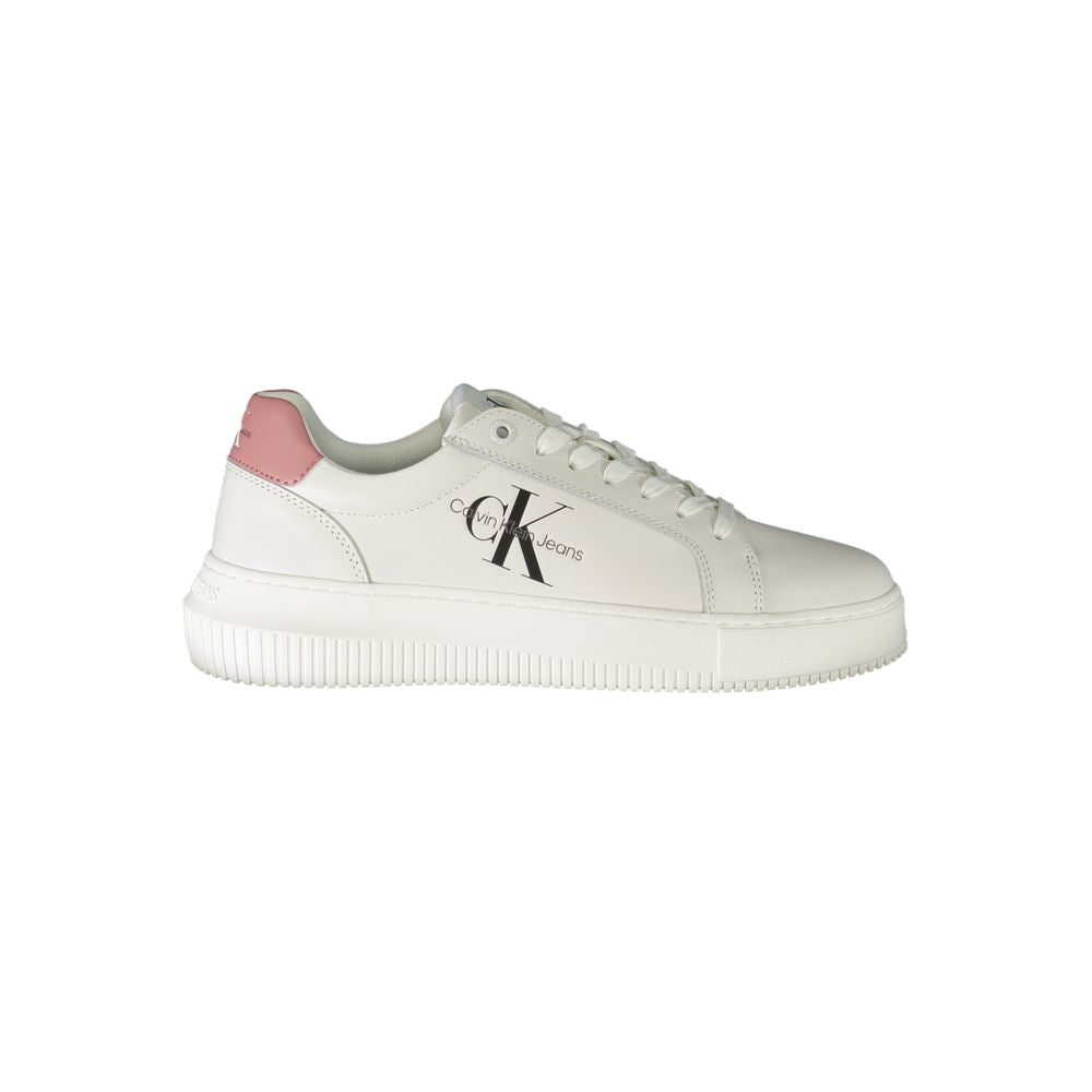 Calvin Klein white polyester sneaker with contrast details, laces, and logo print, made of 50% recycled polyester.