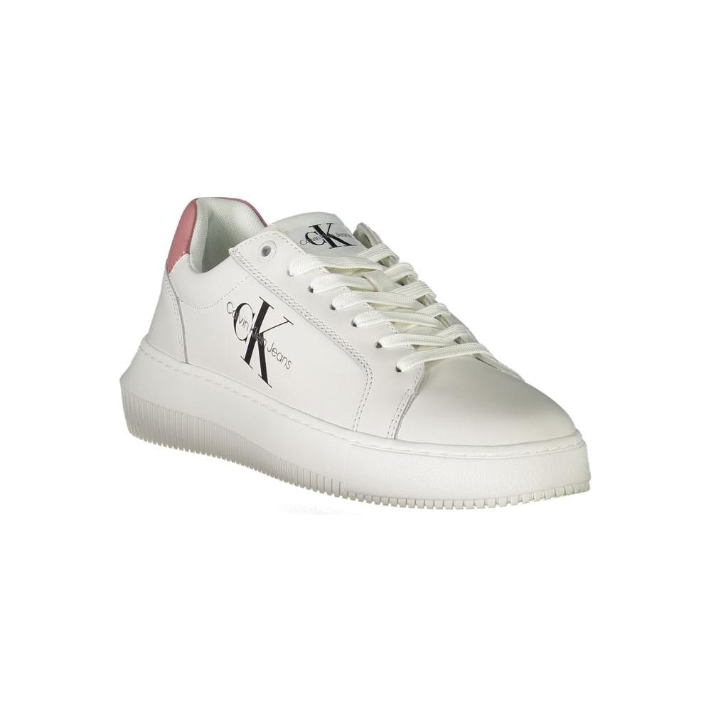 Calvin Klein white polyester sneaker with logo, contrast details, and laces, made from 50% recycled polyester sports shoe.