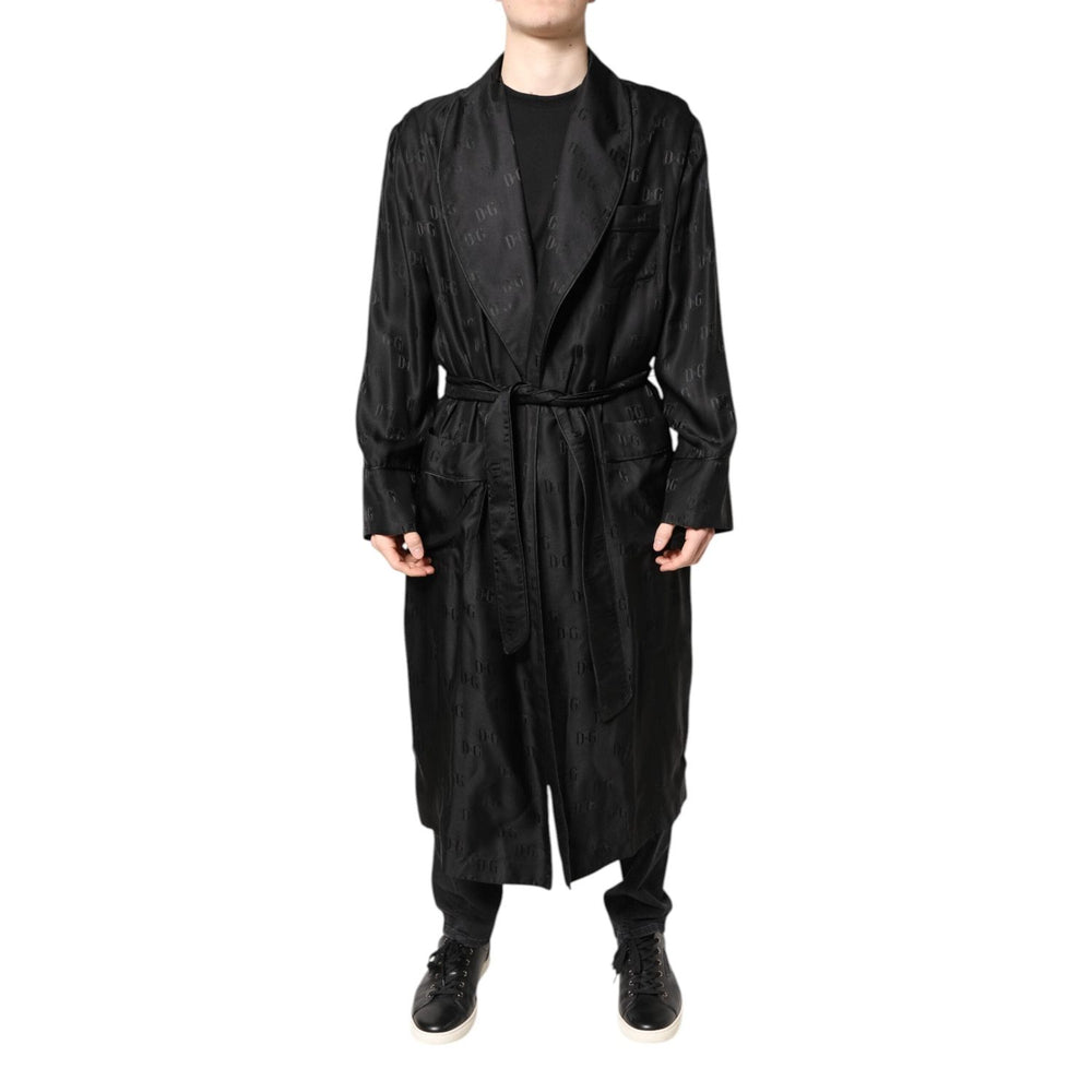 Dolce & Gabbana Black Silk DG Logo Men Wrap Robe Coat Jacket JKT41427-46