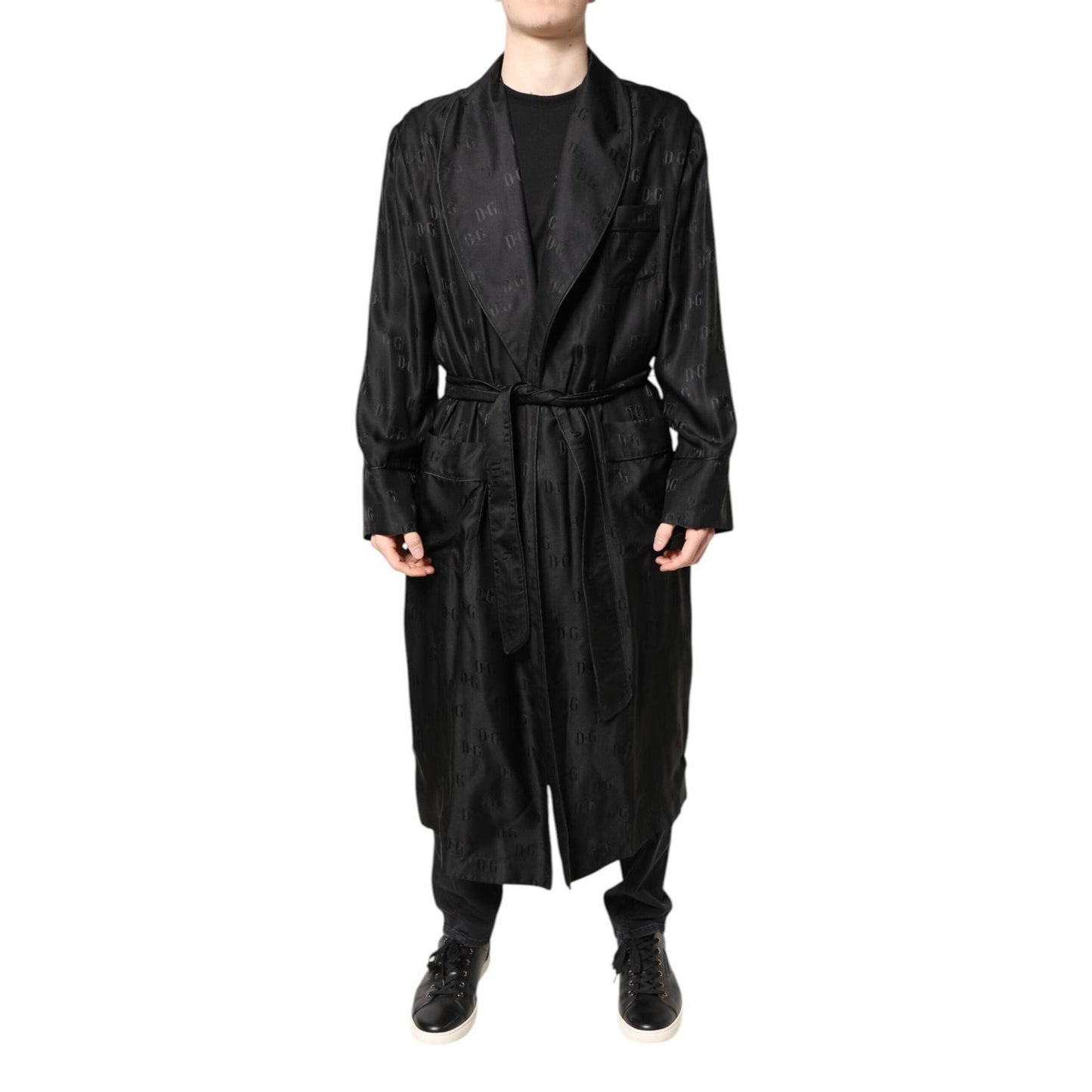 Dolce & Gabbana Black Silk DG Logo Men Wrap Robe Coat Jacket JKT41427-46