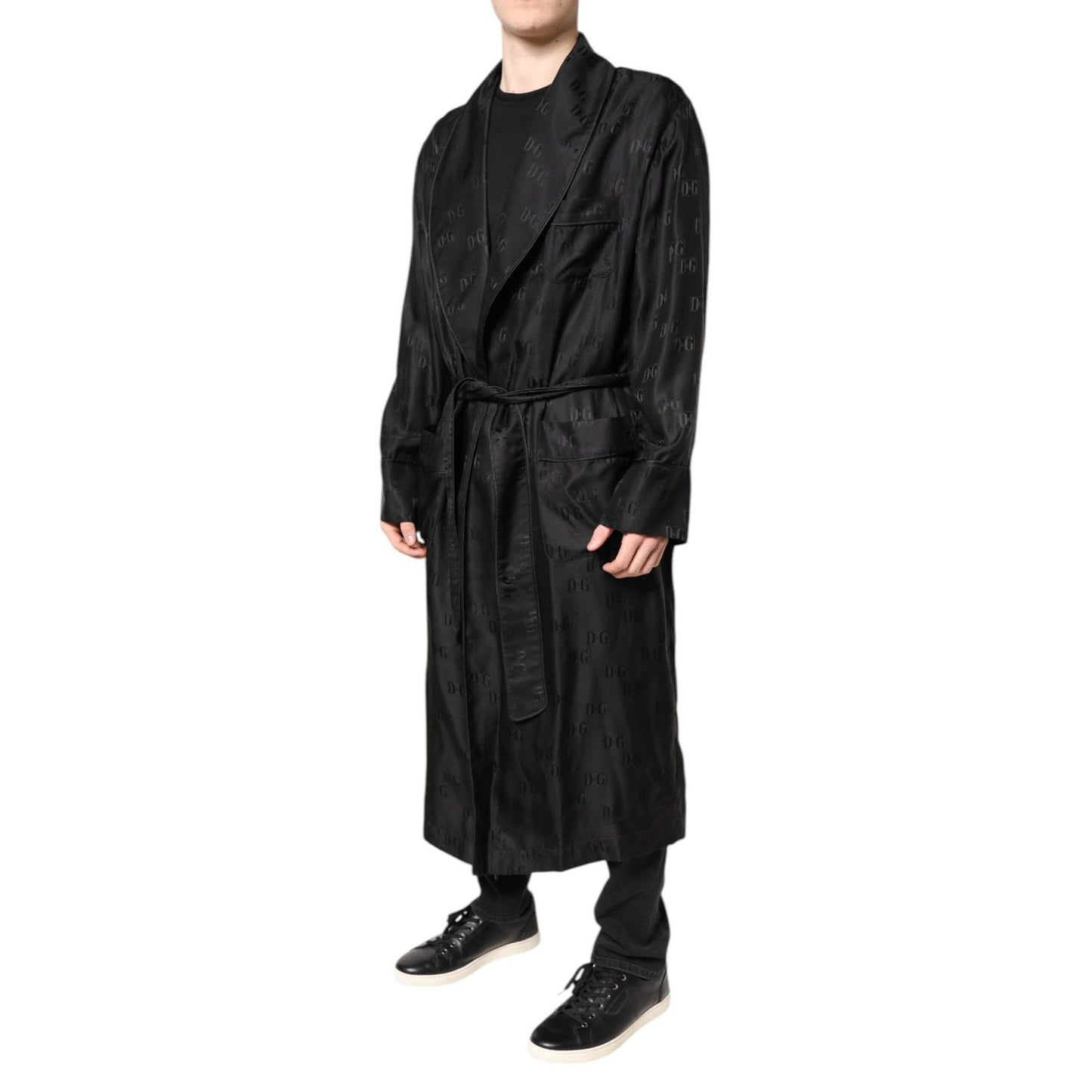Dolce & Gabbana Black Silk DG Logo Men Wrap Robe Coat Jacket JKT41427-46