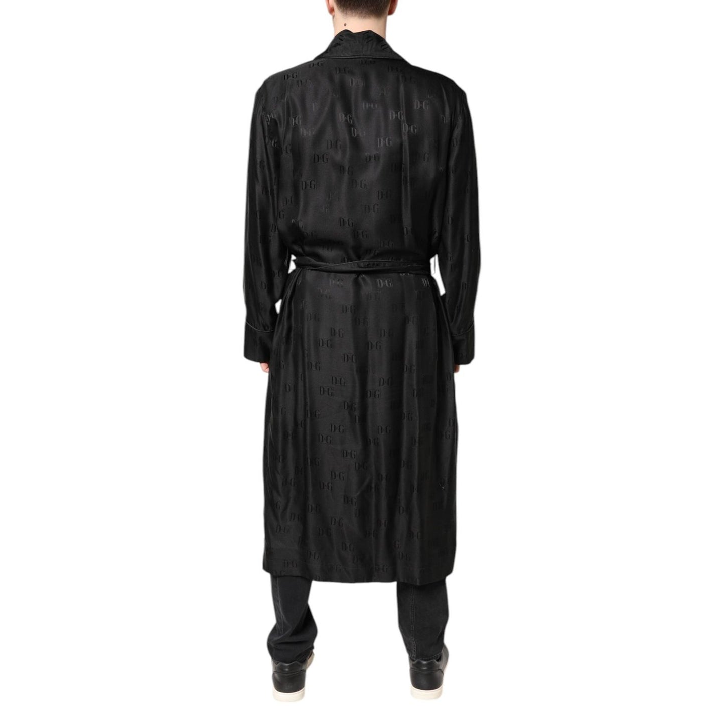 Dolce & Gabbana Black Silk DG Logo Men Wrap Robe Coat Jacket JKT41427-46