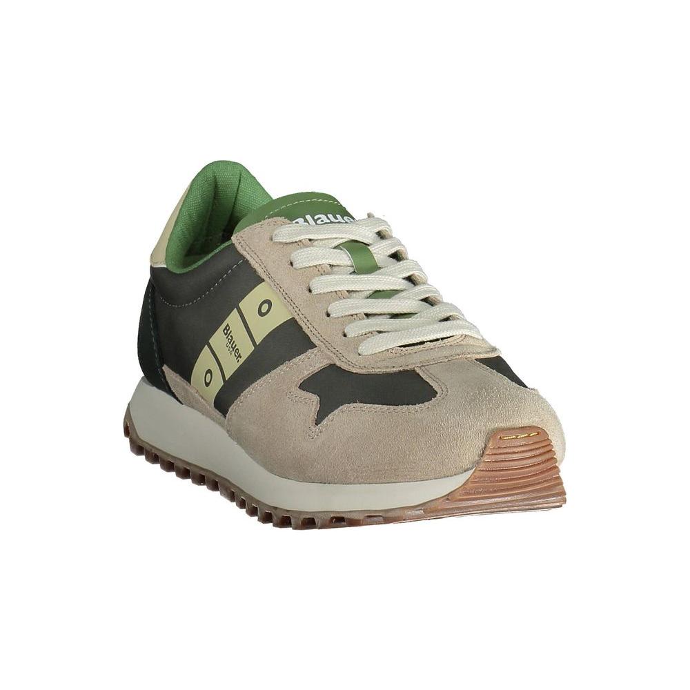 Blauer beige polyester men sneaker with green accents and white laces, perfect for casual outings or trendy ensembles.