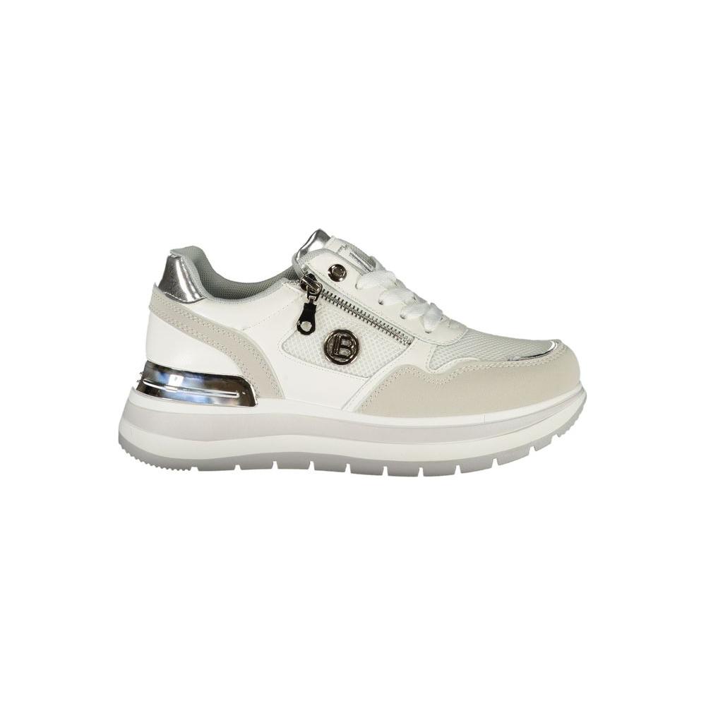 Laura Biagiotti white polyester women's sneaker with lace-up and side zip, featuring contrasting details and removable footbed.