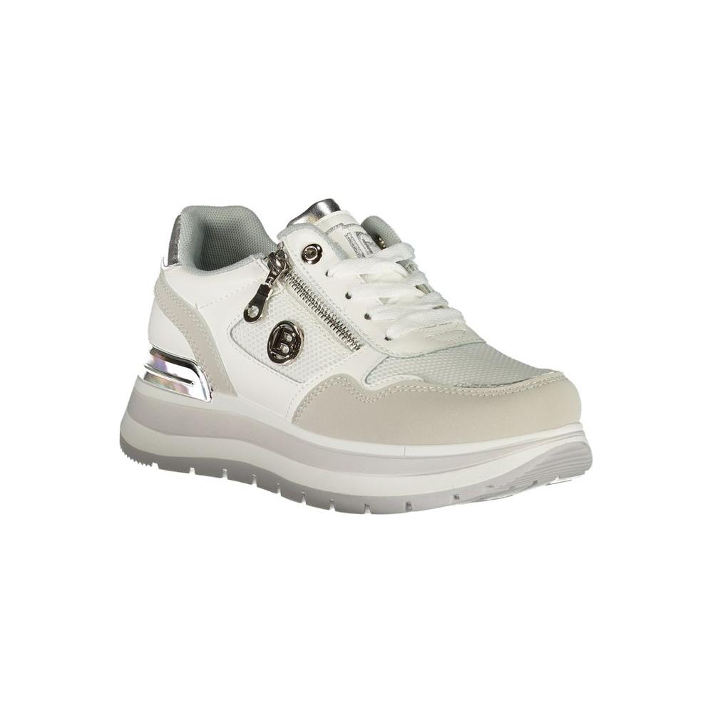Laura Biagiotti white polyester women's sneaker with side zip, lace-up, and contrasting details for stylish athleisure wear.