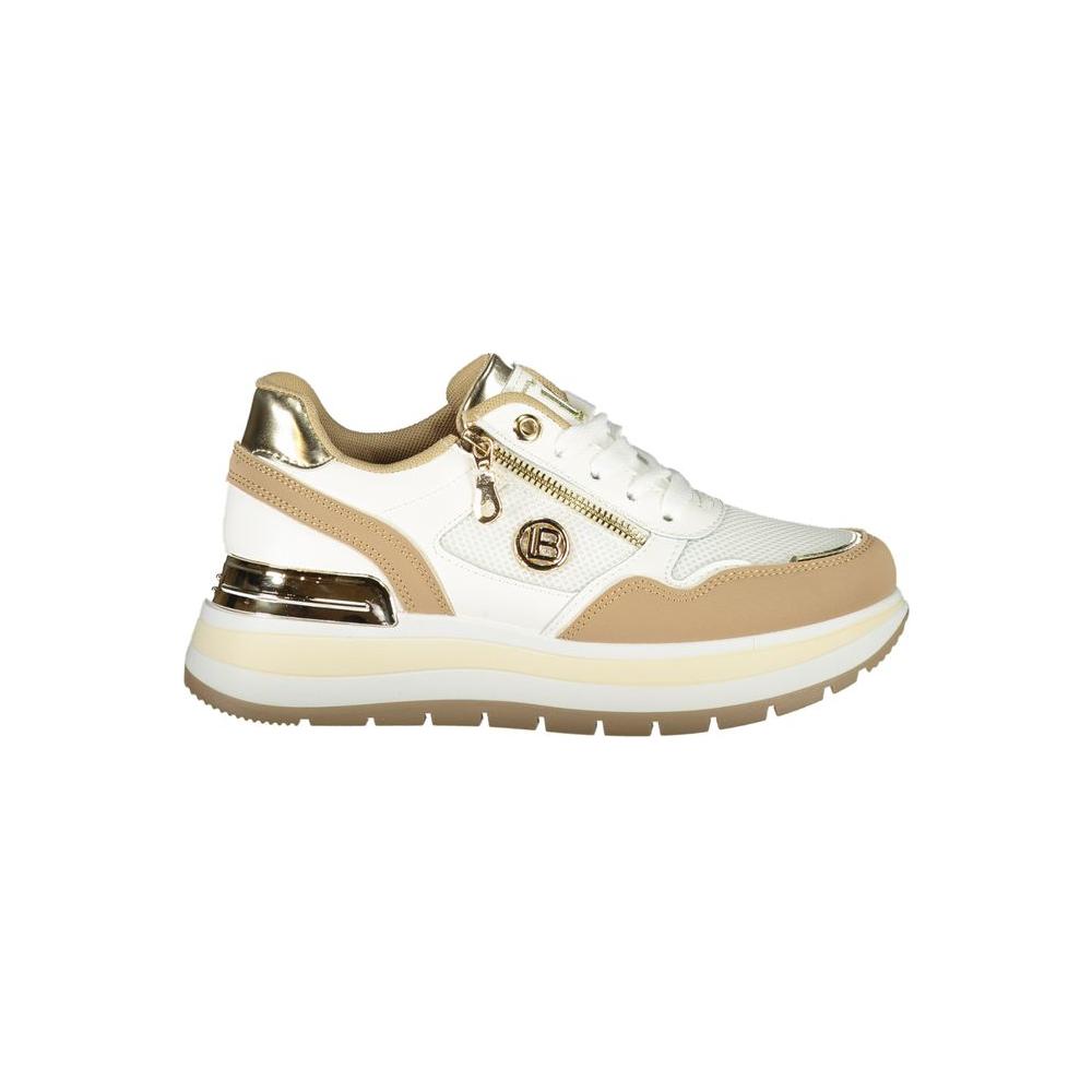 Laura Biagiotti beige polyester women's sneaker with side zip and nubuck exterior, ideal for modern style and comfort.