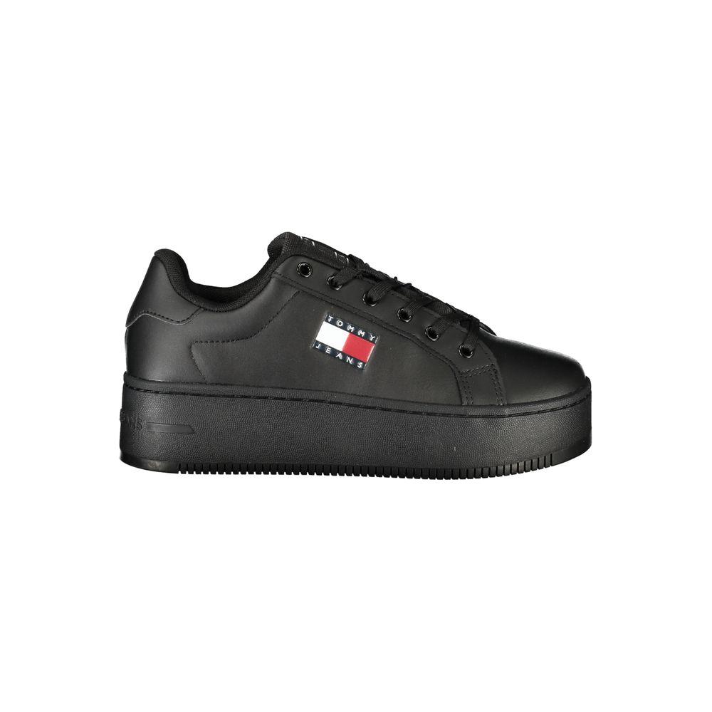 Tommy Hilfiger black polyethylene women's sneaker with lace-up design and 5 cm wedge featuring iconic logo.
