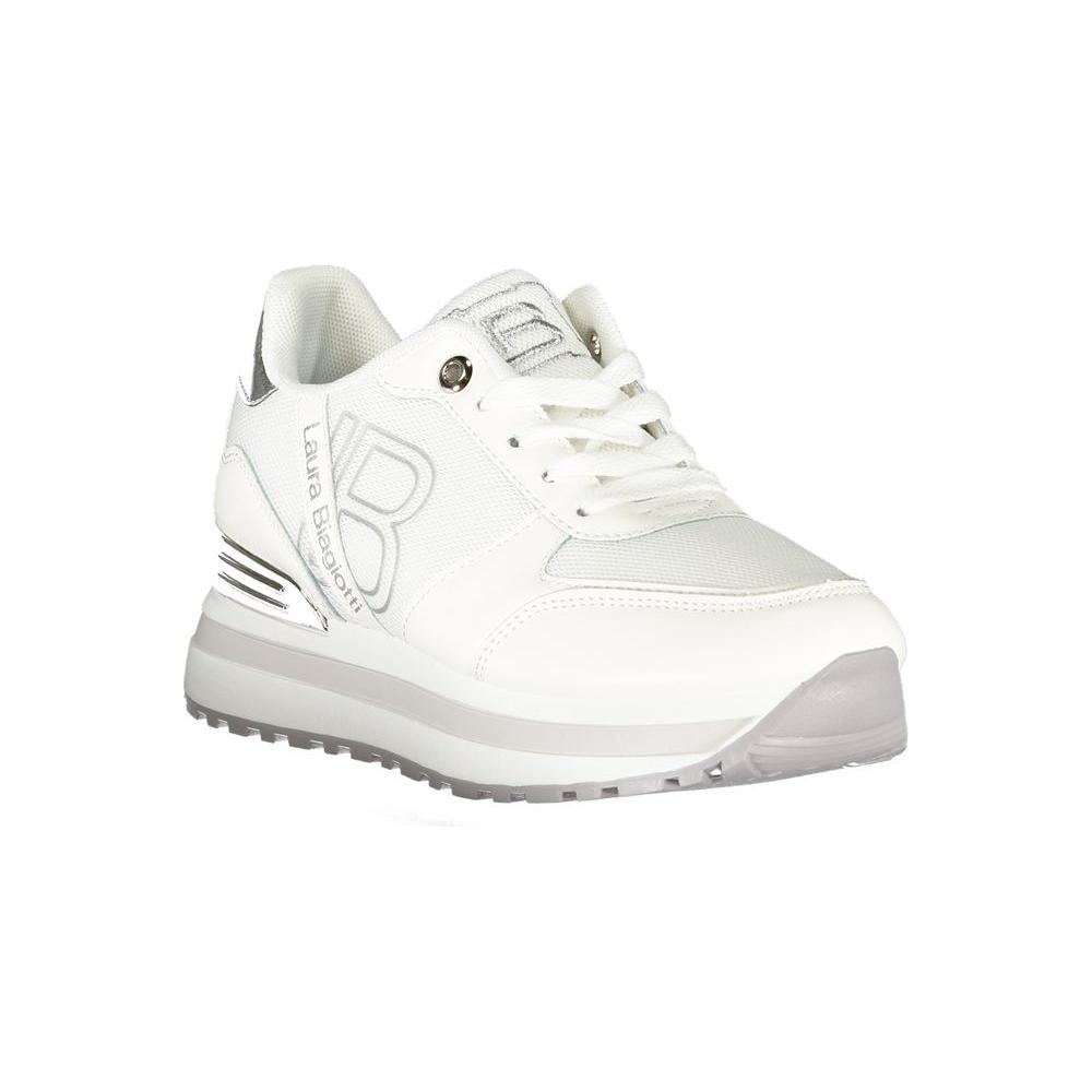 Laura Biagiotti white polyester women's sneaker with logo embroidery, showcasing sporty chic design and removable footbed.
