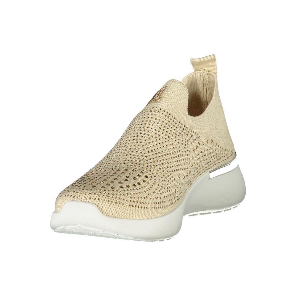 Laura Biagiotti beige women's sneaker with contrasting details and rhinestones, featuring a sporty and elegant design.