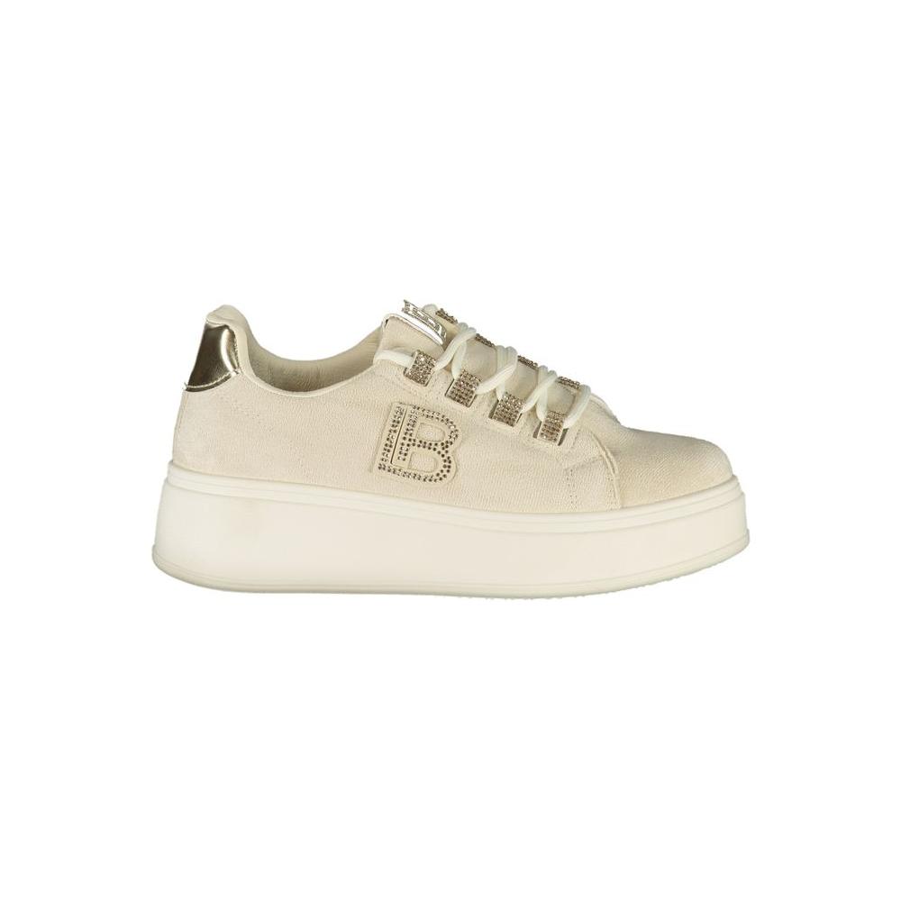 Laura Biagiotti beige polyester women sneaker with rhinestone logo, calf leather, and contrasting details, featuring a 4 cm wedge heel.