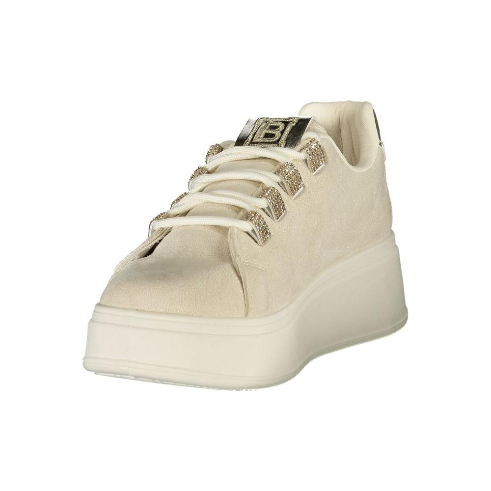 Laura Biagiotti beige polyester women's sneaker with calf leather, rhinestones, and 4 cm wedge heel, elegant design for high-end fashion.