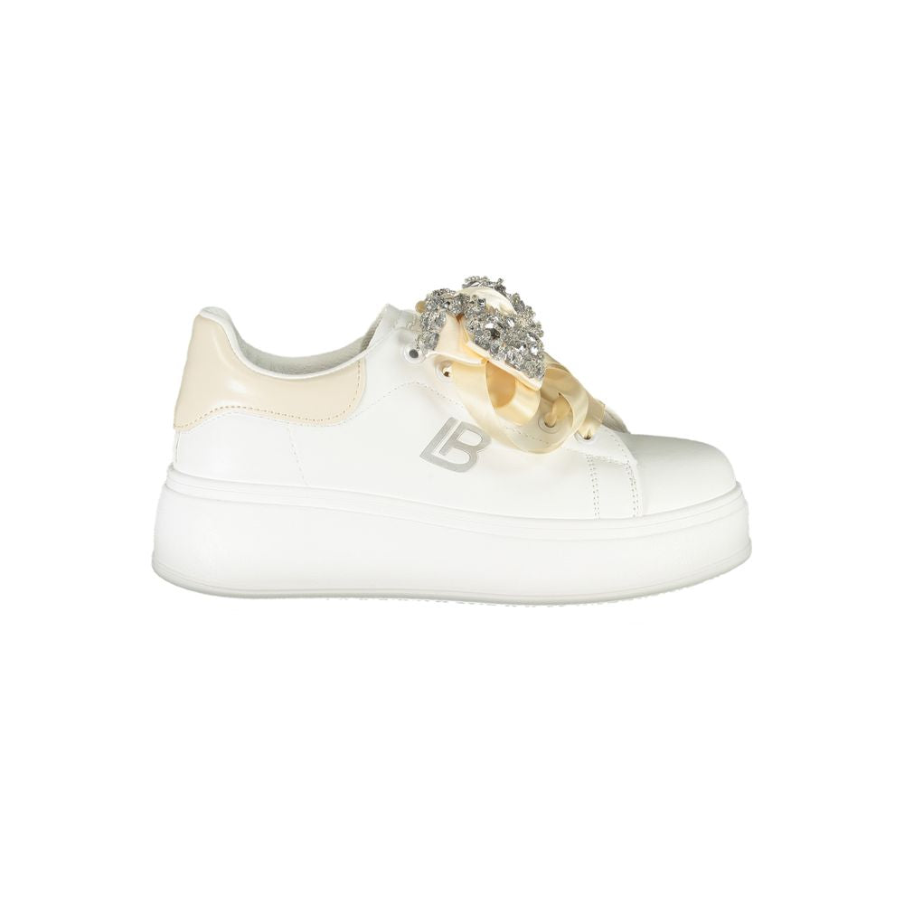 Laura Biagiotti white polyester women's sneaker with removable rhinestones, blending sporty comfort with luxurious style.