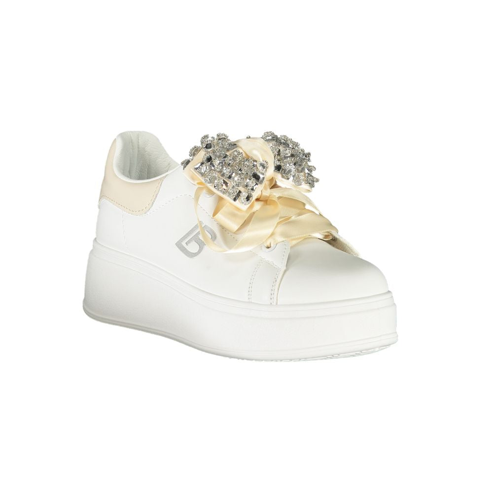 Laura Biagiotti white sneaker with removable rhinestones and satin accents for women, combining sporty comfort with elegant design.