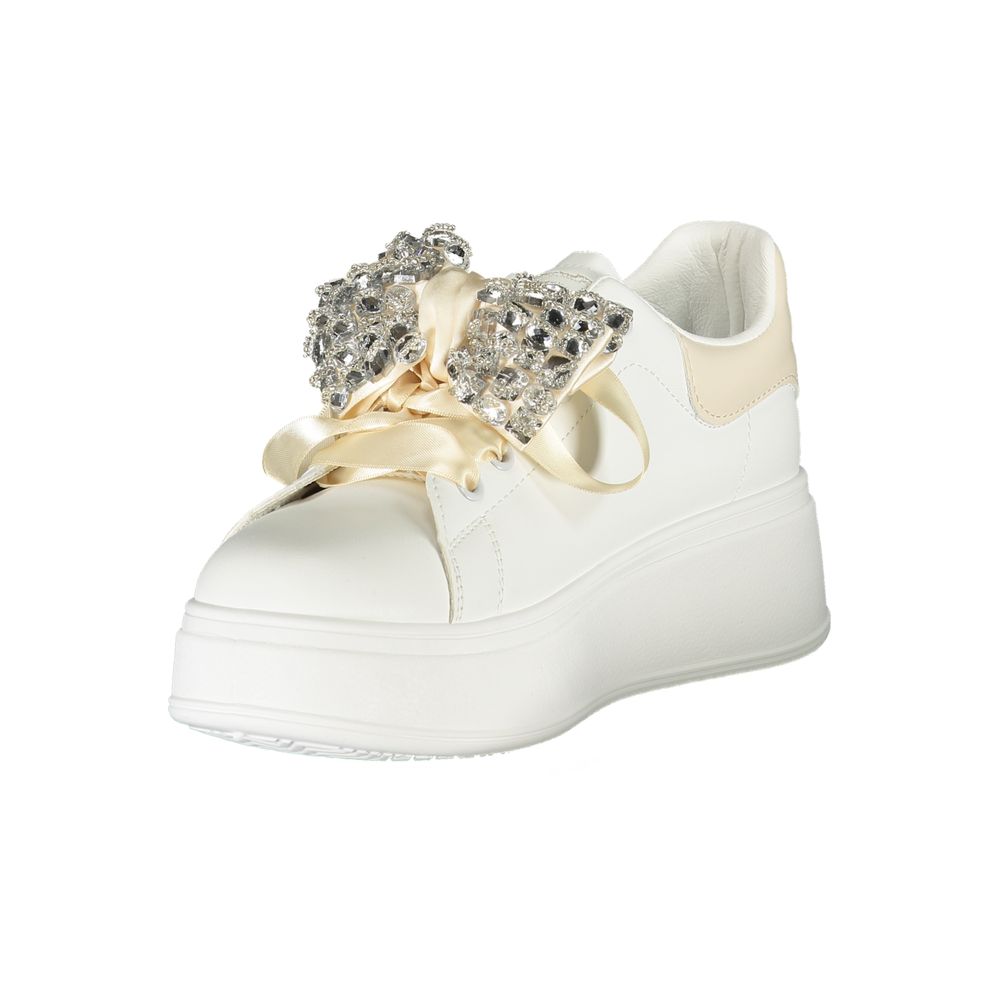 Laura Biagiotti white women sneaker with rhinestone embellishments and ribbon laces, showcasing elegant design and ultimate comfort.