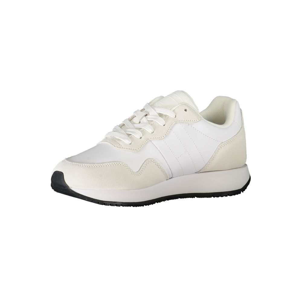 Tommy Hilfiger white polyester sneaker with laces, contrast details, and printed logo, ideal for sports footwear enthusiasts.