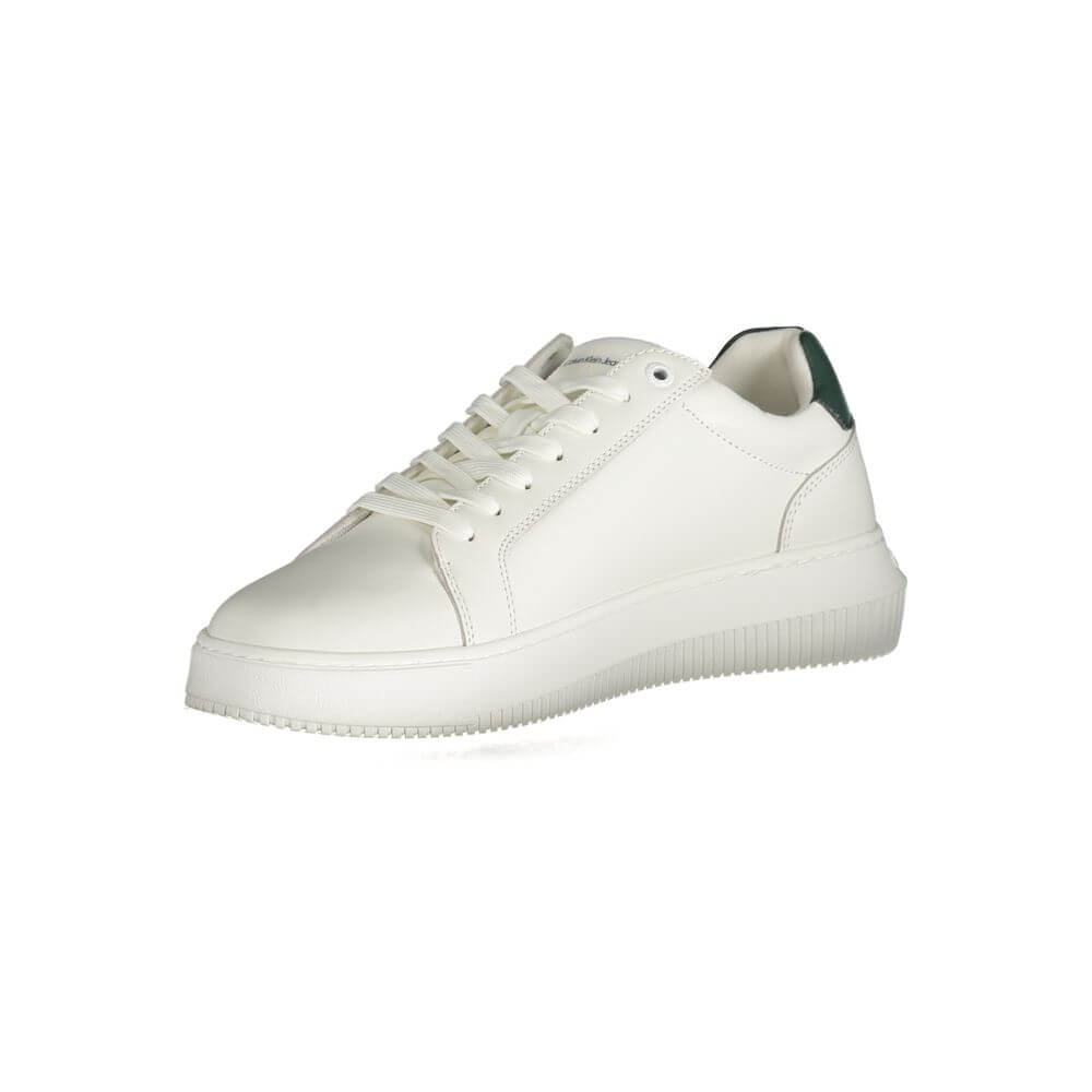 Calvin Klein White Polyester Sneaker with laces, featuring contrasting details, logo, and recycled thermoplastic rubber sole.