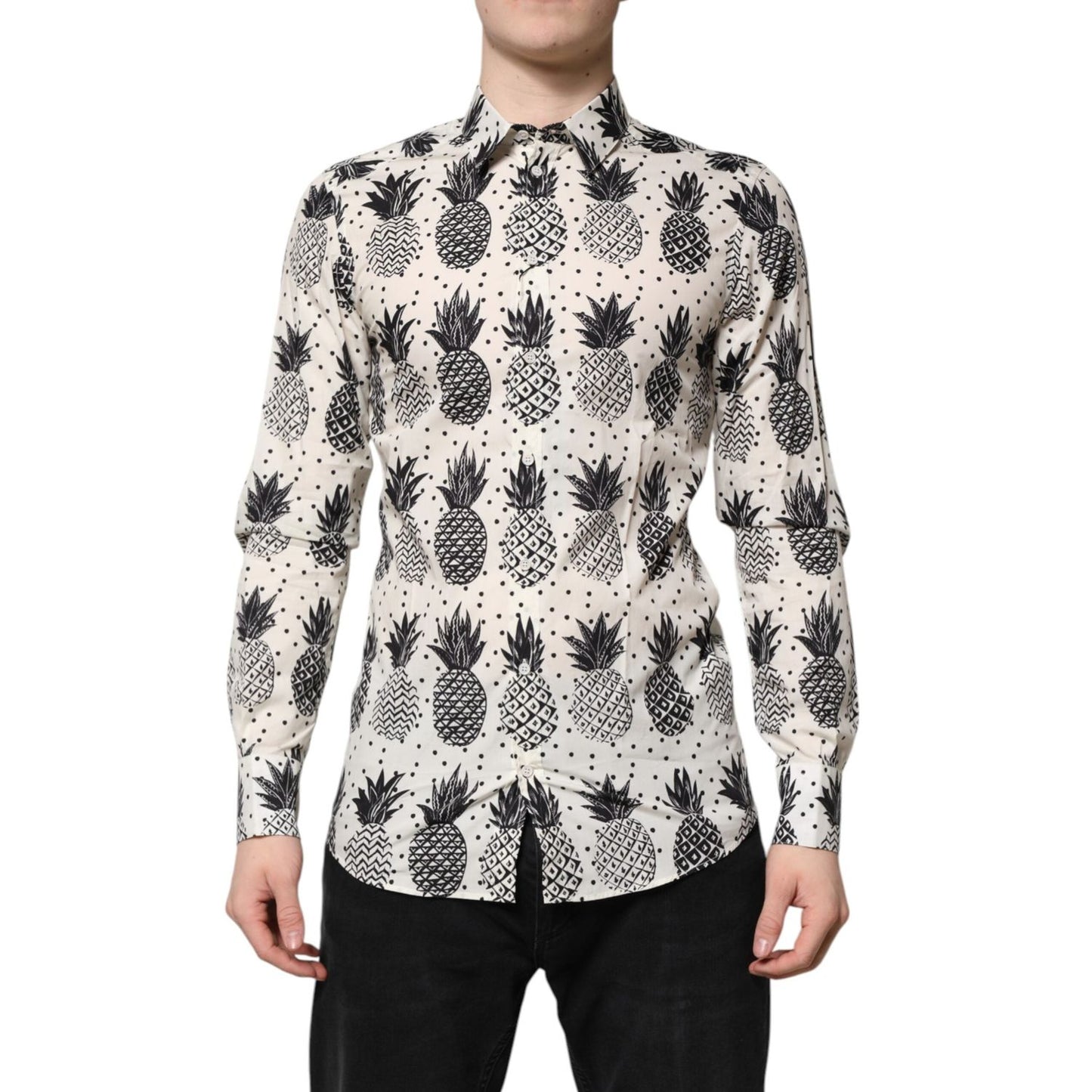 Dolce & Gabbana White Pineapple Print Long Sleeve GOLD Shirt TSH90452-37