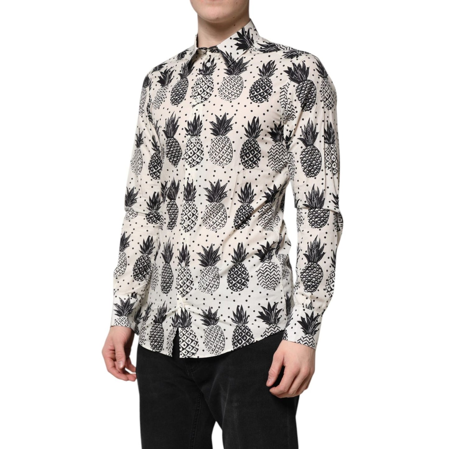 Dolce & Gabbana White Pineapple Print Long Sleeve GOLD Shirt TSH90452-37