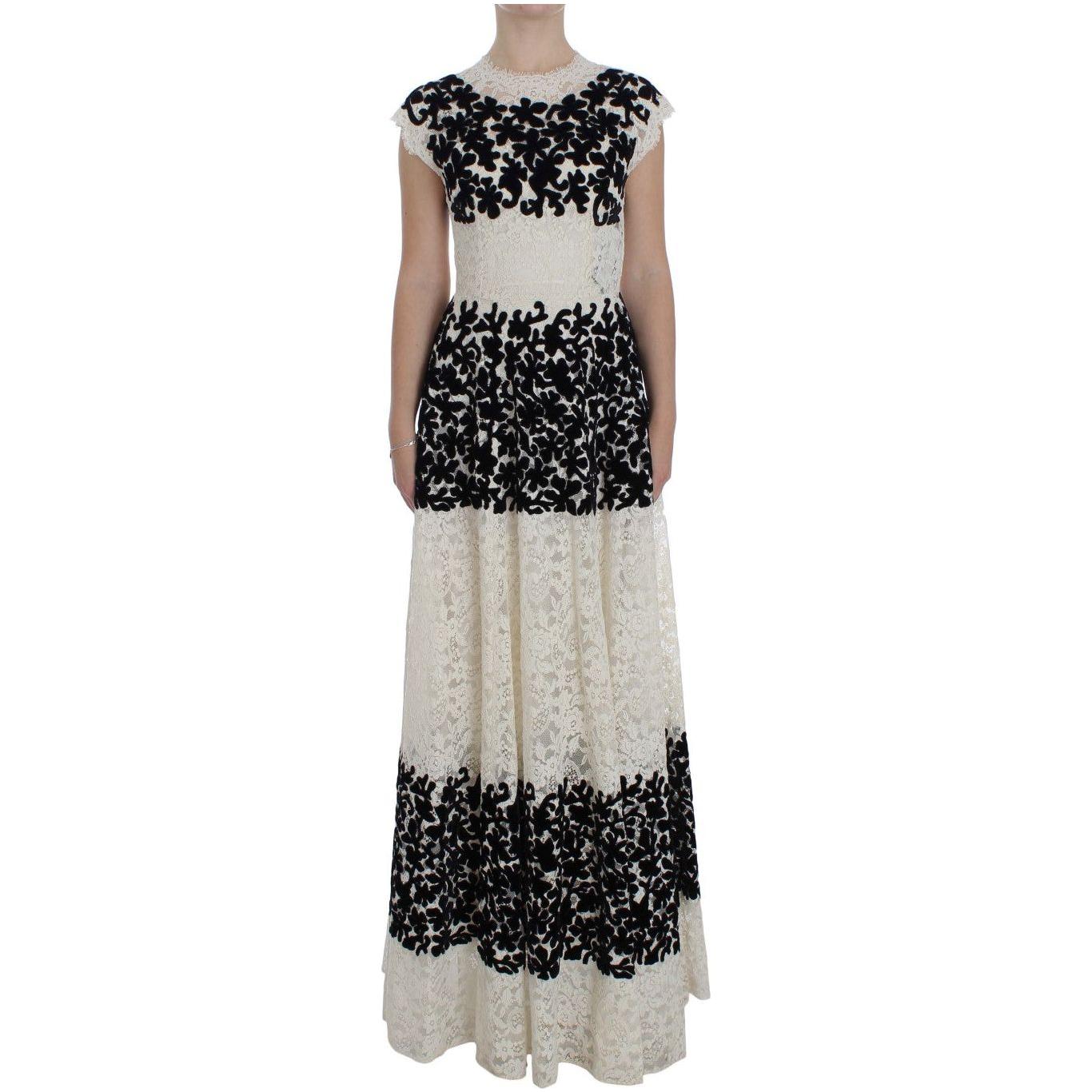 Dolce & Gabbana Elegant Floral Lace Cap Sleeve Maxi Dress Dolce & Gabbana Dark Gray