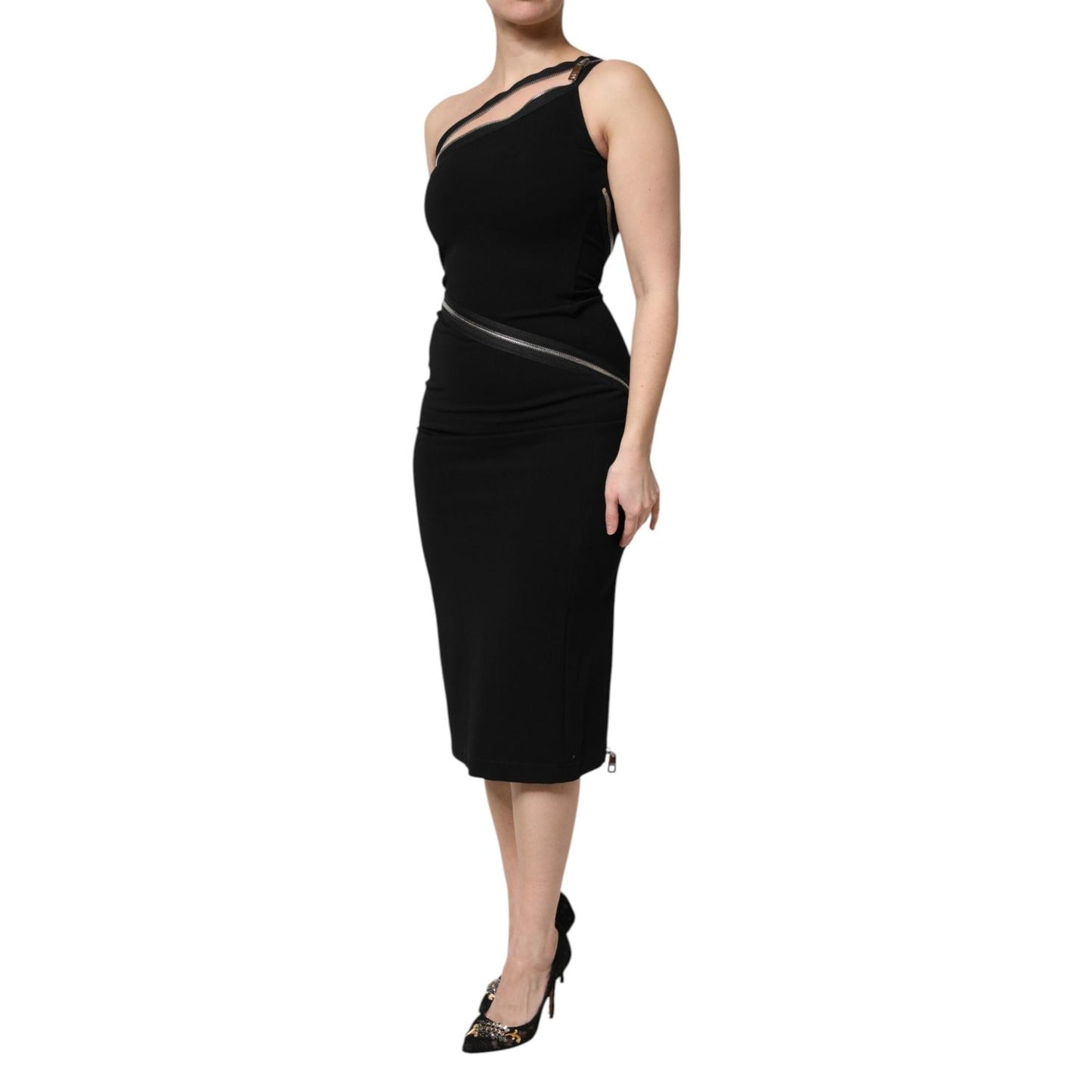 Dolce & Gabbana Black Viscose One Shoulder Zipper Sheath Dress DR281221-40