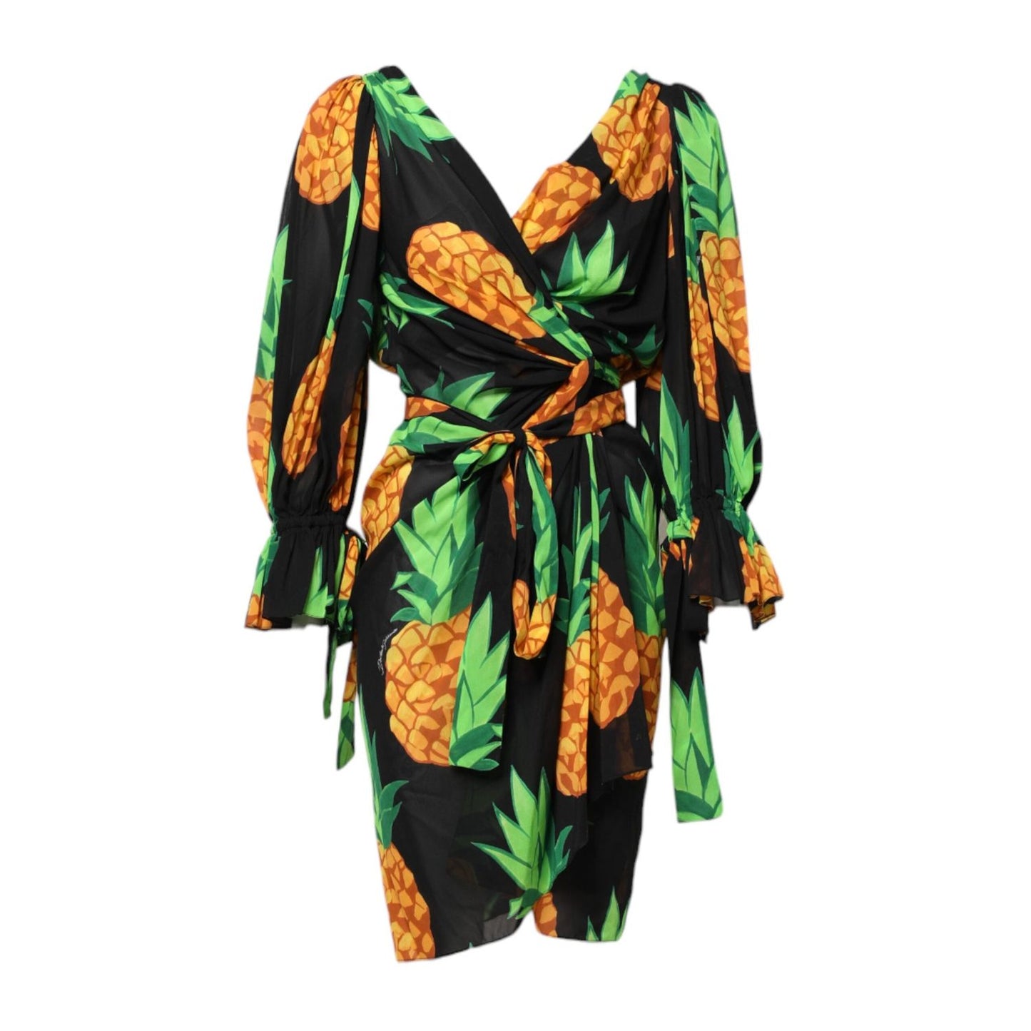 Dolce & Gabbana Black Pineapple Print Silk Wrap Mini Dress DR281254-38