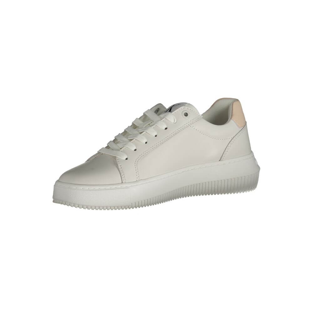 Calvin Klein White Polyester Sneaker with laces, contrast details, logo, made from 50% recycled polyester.