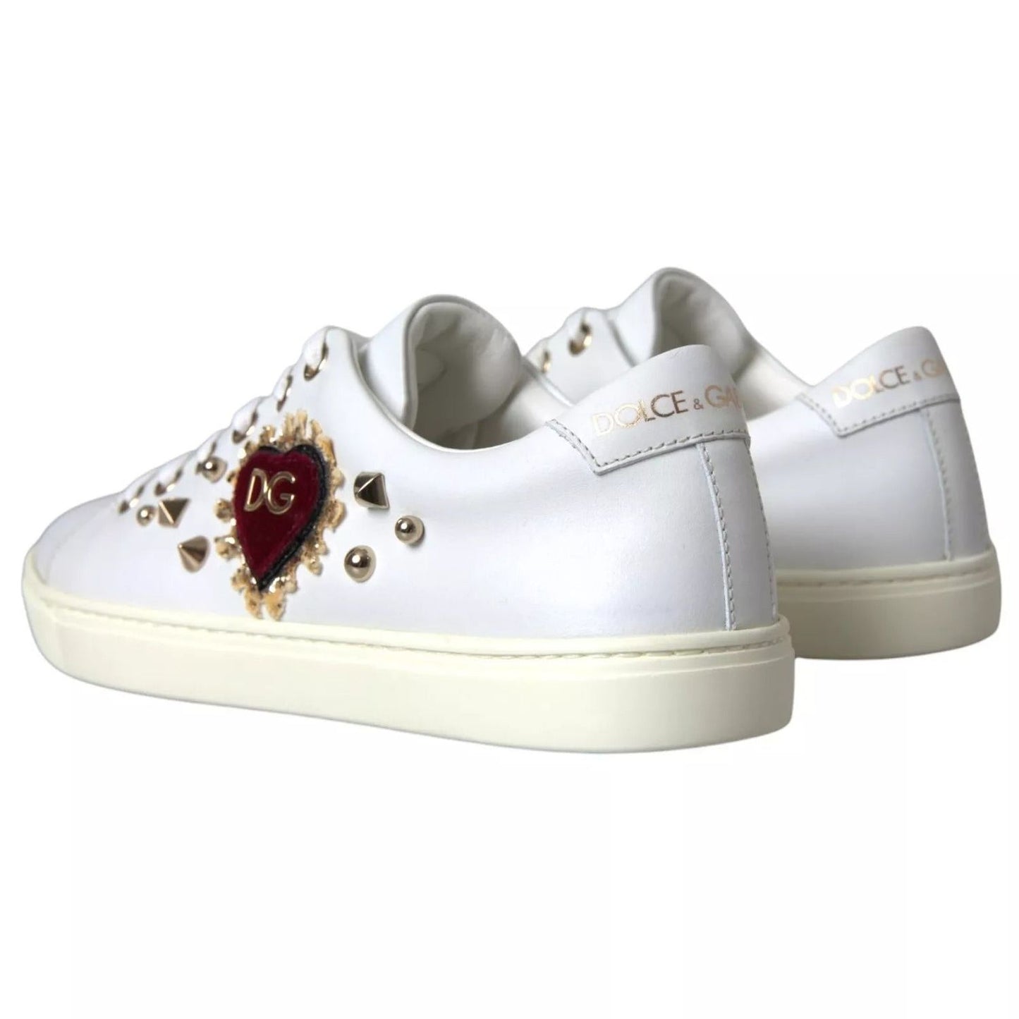 Dolce & Gabbana White Leather Gold Red Heart Sneakers Shoes LA8916-36.5