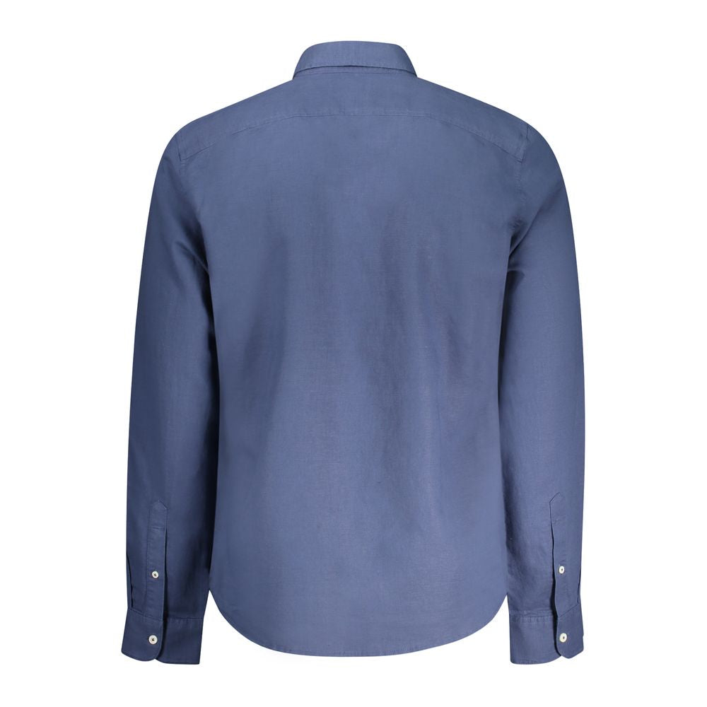 Alt Tag: Back view of Timberland Blue Cotton Shirt, long-sleeved, slim fit, button down collar with embroidery and logo.
