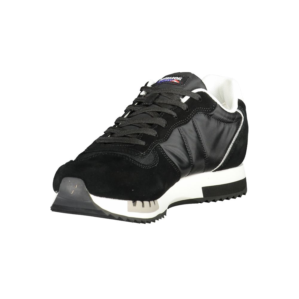 Blauer Black Polyester Men Sneaker with sleek design and contrast detailing, featuring removable footbed and iconic Blauer logo.