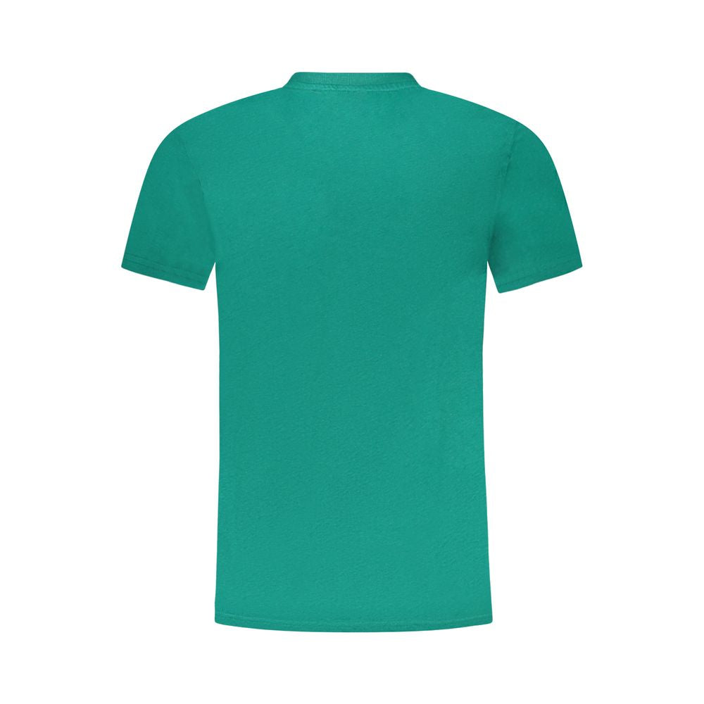 Back view of Cavalli Class Green Cotton Men T-Shirt showcasing short sleeves and crew neck in bold green color.