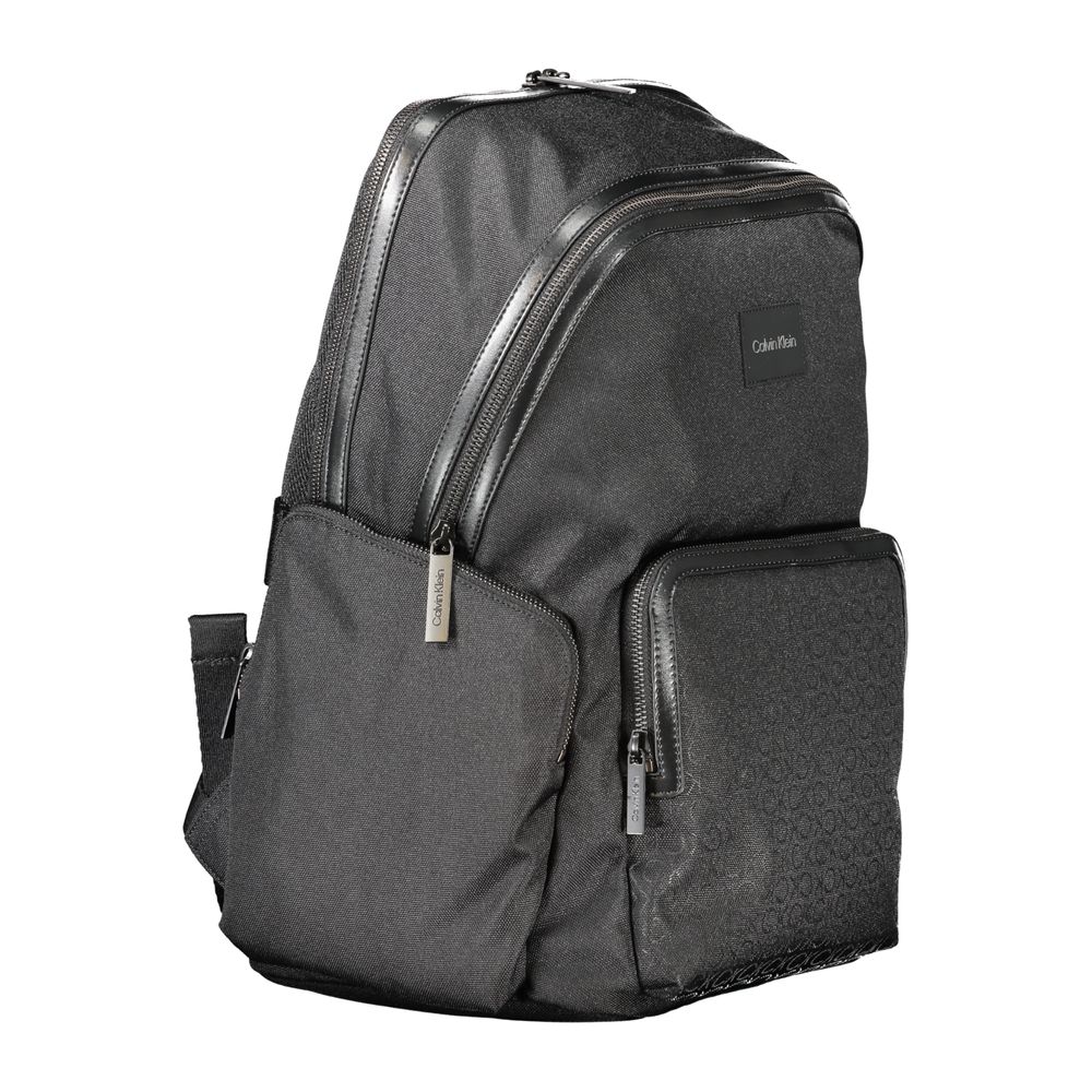 Calvin Klein Black Polyester Backpack with handle, adjustable straps, multiple pockets, laptop compartment, recycled material
