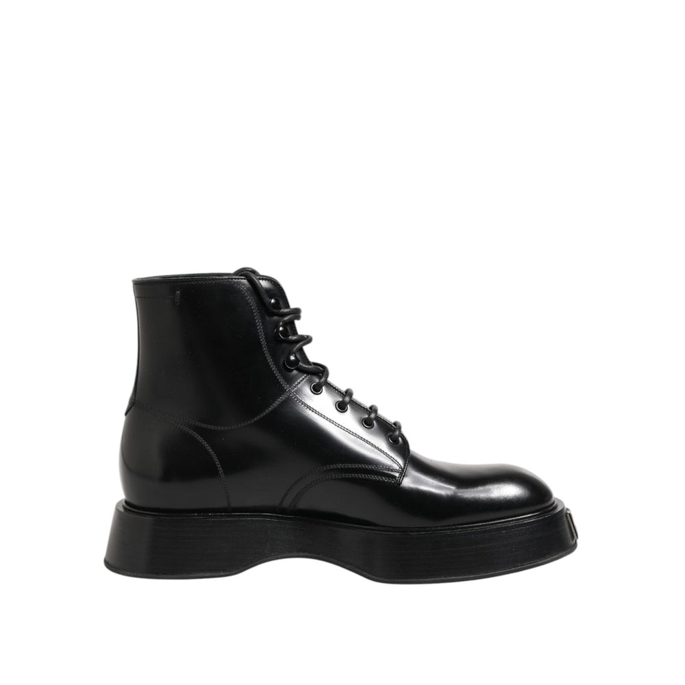 Dolce & Gabbana Black Leather Logo Ankle Boots Lace Up Shoes MV7391-42