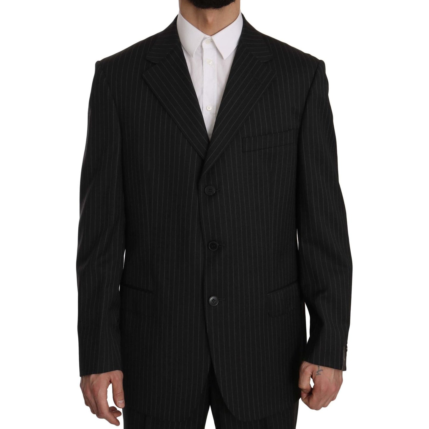 Z ZEGNA Black Striped Two Piece 3 Button 100% Wool Suit Suit